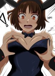 ! 1girls 2d big_breasts black_bunnysuit blush breast_grab breast_squeeze breasts brown_hair bunny_ears bunny_girl bunnysuit embarrassed english_text female female_focus grabbing_breasts karbuitt large_breasts leotard looking_at_viewer makoto_niijima open_mouth persona persona_5 playboy_bunny red_eyes shocked short_hair strapless_leotard suprised suprised_look tongue