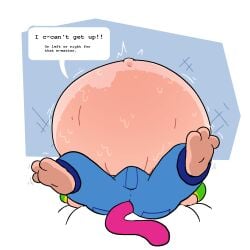 belly big_belly bloated bodily_fluids bottomwear clothing felid fur hi_res human humanoid inflation madd_(pawplants) mammal navel outie_navel pants pawplants paws pink_body pink_fur simple_background solo sweat sweaty_belly tail