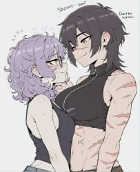 2girls abs ai_assisted ai_generated asymmetrical_docking bare_shoulders belt black_hair blush breast_press breasts brown_hair closed_mouth crop_top denim english_text eye_contact fang_out female flying_sweatdrops glasses grabbing_another's_chin grey_background hand_on_another's_chin height_difference large_breasts looking_at_another medium_hair messy_hair midriff multiple_girls muscular muscular_female navel oerba_yun_fang purple_hair scar scar_on_face scars short_hair simple_background sleeveless smile sondu sweat tomboy wolf_cut yellow_eyes yuri