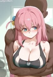 1boy ai_generated arms_around_waist blush cleavage dark-skinned_male embarrassed faceless_male female gotou_hitori gym indoors large_breasts looking_to_the_side muscular_male sad shy sports_bra stubble