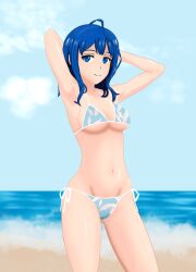 1girls armpits arms_behind_head beach big_breasts bikini blue_bikini blue_eyes blue_hair breasts busty confident female female_only half-closed_eyes highres large_breasts legs looking_at_viewer make_heroine_ga_oo_sugiru! navel ocean pose posing seductive seductive_look seductive_smile sexy sexy_pose side-tie_bikini_bottom smile solo swimsuit thighs water yanami_anna