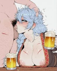 1boy ai_assisted ai_generated alcohol beer beer_mug bite_mark blue_eyes blue_hair blush braid breasts cleavage clothed_female_nude_male collarbone cum cup deepthroat drunk fellatio female hair_between_eyes hickey holding holding_cup intoxicated irrumatio large_breasts long_hair male_pubic_hair messy_hair mug nipple_slip nipples non-consensual non_consensual nude oral penis pubic_hair rape saliva scar scar_on_face simple_background solo_focus sondu straight stray_pubic_hair sweat testicles uncensored