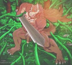 anthro balls canid canine canis eyvind flaccid hi_res humanoid kowloon7050 male mammal muscular muscular_male pecs penis solo sword tavern_of_spear tentacle wolf