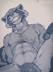 abs anthro aroused athletic big_penis bodily_fluids bottomless chest_tuft clothed clothing clothing_lift depth_of_field fangs fellatio first_person_view fluffy foreskin genitals guardians_of_the_galaxy hi_res male mammal marvel midriff muscular oral pawpads penile penis procyonid raccoon receiving_pov rocket_raccoon rough_oral rough_sex saliva saliva_on_penis sex shirt shirt_lift short_male smile solo solo_focus spiritd stained_clothing story story_in_description sweat teeth toothy_grin topwear tuft vein veiny_penis whiskers