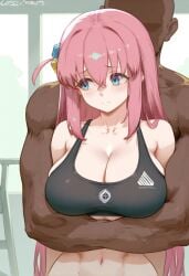 1boy ai_generated arms_around_waist blush cleavage dark-skinned_male embarrassed faceless_male female gotou_hitori gym indoors large_breasts looking_to_the_side muscular_male navel sad shy sports_bra stubble