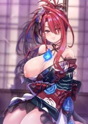 1girls :) areolae bare_shoulders big_breasts blush breasts breasts_out dress dutch_angle elizabeth_rose_bloodflame exposed_breasts female female_only gloves hair_accessory hair_over_one_eye half-closed_eyes hand_on_own_thigh hololive hololive_english hololive_english_-justice- huge_breasts kazukoto kneeling large_breasts light-skinned_female light_skin long_hair looking_at_viewer nipples one_breast_out presenting presenting_breast red_eyes sitting smile smug solo tagme thighs virtual_youtuber