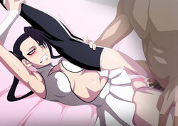 1boy arrancar ass bed black_hair bleach blush censored cum female game_cg legs_up lime_(purple_haze) loly_aivirrne long_hair lying medium_breasts moaning mosaic_censoring nude on_bed panties penis purple_eyes pussy pussy_juice sex shiny spread_legs straight sweat twintails vaginal_penetration