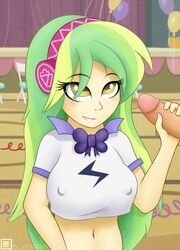 1boy 1girls breasts burstfire clothes equestria_girls erect_nipples female friendship_is_magic hand_on_penis handjob hasbro headphones lemon_zest my_little_pony navel nipple_bulge nipples offscreen_male penis pokies