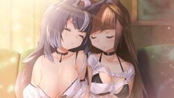 2girls animal_ears bare_shoulders blush breasts brown_hair choker cleavage closed_eyes collarbone couch couple duo female female_only fox_ears fuyu grey_hair highres indoors large_breasts marari multiple_females multiple_girls mutual_yuri neck necklace off_shoulder side-by-side sitting sleeping smile torn_clothes upper_body wolf_ears yuri