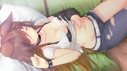 1girls big_breasts bra breasts brown_fur brown_hair cleavage collar couch eyes_closed female female_only fluffy_ears fluffy_tail fuyu_(wolf_tails) highres large_breasts long_hair mouse_(computer) mouse_cursor pillow razzart_visual ripped_clothing ripped_jeans sleeping sleeves solo solo_female solo_focus spiked_bracelet wolf_ears wolf_girl wolf_tail wolf_tails