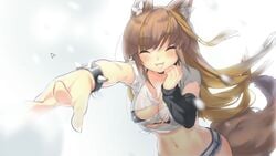 1girls belly belly_button bra brown_fur brown_hair collar eyebrows_visible_through_hair eyes_closed female female_only fluffy_ears fluffy_tail fuyu_(wolf_tails) happy highres mouse_(computer) mouse_cursor open_smile razzart_visual ripped_clothing sleeves snow snowing solo solo_female solo_focus spiked_bracelet visual_novel white_skin wholesome wolf_ears wolf_girl wolf_tail wolf_tails