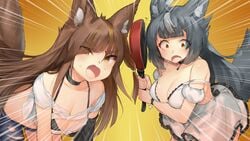 angry blush bra bracelet brown_fur brown_hair cleavage cleavage_cutout collar dress eyebrows_visible_through_hair eyelashes_visible_through_hair eyes_visible_through_hair fangs fluffy_ears fluffy_tail frilled_dress frying_pan fuyu_(wolf_tails) gray_fur gray_hair grey_fur grey_hair highres mirari_(wolf_tails) motion_lines necklace pendant pendant_choker razzart_visual ripped_clothing ripped_jeans shocked sweat upset visual_novel white_skin wolf_ears wolf_girl wolf_tail wolf_tails yellow_background yellow_eyes