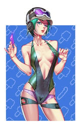 1girls areola bare_shoulders blue_eyes camouflage cap cleavage condom cyan_hair ela_(rainbow_six) erect_nipples female female_only fjwuchengen frilled_panties goggles goggles_on_forehead goggles_on_head lowleg lowleg_panties nail_polish nipple_slip one-piece_swimsuit pink_nails purple_panties rainbow_six rainbow_six_siege simple_background skin_tight small_breasts solo standing swimsuit_pull thin_waist tom_clancy