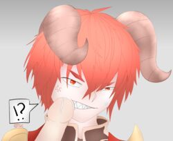 2018 ?! angry clothed clothing cum erection food_fantasy hair horn humanoid looking_at_viewer male penis red_eyes red_hair sharp_teeth simple_background steak_(food_fantasy) teeth thegaycactus video_games yaoi