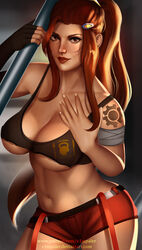 2d big_breasts breasts brigitte brigitte_lindholm cleavage female female_only large_breasts looking_at_viewer overwatch solo tattoo underboob v1mpaler