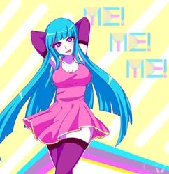 arms_up blue_hair breasts dress elbow_gloves female long_hair looking_at_viewer me!me!me! meme_(me!me!me!) minrini pink_dress purple_eyes solo thighhighs very_long_hair