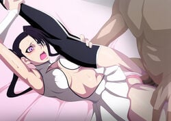 1boy arrancar ass bed black_hair bleach blush censored female game_cg legs_up lime_(purple_haze) loly_aivirrne long_hair lying medium_breasts moaning mosaic_censoring nude on_bed panties penis purple_eyes pussy pussy_juice sex shiny spread_legs straight sweat twintails vaginal_penetration