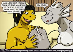 anthro claws comic dialogue dragon duo_focus english_text erection fin grey_penis group hand_on_penis head_fin horn humanoid_penis hyper hyper_penis licking licking_lips male naughtymorg nude penis precum stuart_(naughtymorg) text tongue tongue_out yaoi