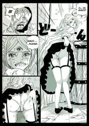 1boy 1girls 3_eyes ass ass_grab bent_over breasts caska charlotte_pudding comic crying english female greyscale heart-shaped_pupils imminent_sex invitation inviting male monochrome multi_eye nosebleed one_piece panties panties_aside prince pussy sad sanji skirt_lift straight text vinsmoke_sanji