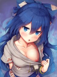 1girls areolae bçue_hair blue_eyes blush bracelet breasts clavicle exposed_breasts female female_only hair_ribbon hand_behind_back hood looking_at_viewer nipples open_mouth seal shion_yorigami shirt_tug snowcanvas solo talisman touhou very_long_hair