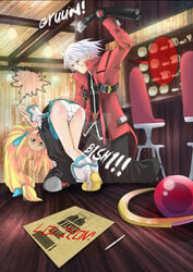 1boy blazblue boots coat female hairbow kneehighs long_hair platinum_the_trinity pleated_skirt ragna_the_bloodedge spanking white_hair