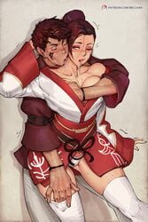 bbc-chan breast_grab breasts duo facial_markings female final_fantasy final_fantasy_xiv hair_bun jacien_visenad josalyn_visenad kimono large_breasts male neck_kiss one_eye_closed panties sex straight thighhighs