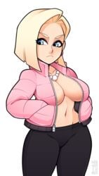 1girls 2018 android android_18 big_breasts blonde_hair blue_eyes breasts cleavage dragon_ball dragon_ball_z earrings female female_only humanoid jacket large_breasts leggings milf mother mrsteak navel no_bra open_shirt parent pearl_necklace robot simple_background skin_tight solo white_background white_skin yoga_pants