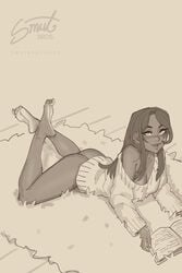 anklet bbc-chan book bottomless cleavage dark-skinned_female dark_skin ear_piercing facial_markings feet female jaessa long_hair lying lying_on_stomach monochrome partially_clothed piercing reading soles solo the_pose toes