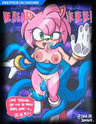 abstract_background amy_rose anthro black_nose blue_tentacles blush boots bracelet breasts consensual_tentacles cum cum_in_mouth cum_in_pussy cum_inside dialogue double_penetration english_text eyelashes female footwear furry gloves green_eyes hairband hedgehog highres hypnosis jewelry looking_at_viewer majin_sonic mammal mind_control nipples nude on_glass open_mouth oral pattern_background penetration pink_hair pussy sex short_hair signature simple_background skajrzombie smile solo sonic_(series) sweat tentacle text tongue tongue_out vaginal_penetration wide_hips