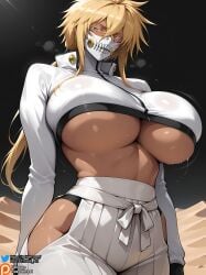 1girls absurdres ai_generated big_breasts bleach blonde_hair breasts cleavage collarbone curvaceous curvaceous_female curvaceous_figure curvy curvy_female curvy_figure dark-skinned_female dark_skin desert dialogue female green_eyes hakama hakama_skirt hi_res highres huge_breasts jacket large_breasts mask masked masked_female mature mature_female mature_woman milf razorthreat stable_diffusion text tia_harribel tier_harribel underboob voluptuous voluptuous_female