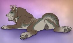 animal_genitalia animal_pussy animal_vulva black_nose blue_markings brown_body brown_fur canid canine canine_genitalia canine_pussy canine_vulva cheek_tuft facial_tuft female female_feral feral fur genitals gradient_background grey_anus grey_body grey_fur grey_markings grey_stripes grey_vulva hi_res hybrid killthe_demon leg_tuft looking_at_viewer lying mammal markings narrowed_eyes on_front pussy simple_background solo striped_back stripes tuft vulva