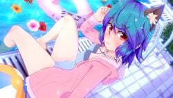 3d benji_(senpien't) blue_hair breasts dog_ears dogboy dyed_hair freckles freckles_on_face jacket kemonomimi koikatsu looking_at_viewer necklace oc original_character pool poolside purple_hair red_eyes senpien’t smiling_at_viewer swimsuit transmasc