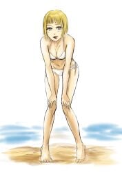 1girls beach bent_over berserk blonde_hair blue_eyes blush breasts cleavage farnese feet female hands_on_knees parted_lips sand solo tetsuotonaomi thighs water