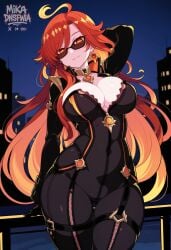 ahoge ai_generated black_gloves bodysuit cleavage curvy female genshin_impact large_breasts lips looking_at_viewer mavuika_(genshin_impact) mikadnsfwia orange_eyes orange_hair red_hair seductive_smile solo sunglasses symbol-shaped_pupils thick_thighs thighs two-tone_hair very_long_hair