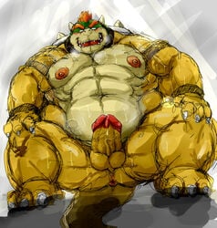 2015 barazoku bowser crouching erection horn humanoid_penis kemono koopa kotobuki low-angle_view male male_only mario_(series) muscular nintendo obese overweight penis precum scalie simple_background solo steam sweat video_games