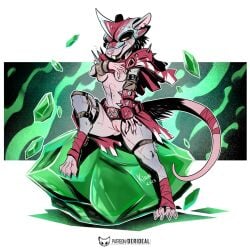 1:1 anthro areola armor bare_breasts belt big_breasts black_hair breasts buckteeth clitoral_hood cloak clothing colored digital_media_(artwork) feet female foot_wraps full-length_portrait fur gauntlets genitals gloves grey_body grey_fur hair handwear headgear helmet hi_res ineffective_clothing inner_labia kiaun mammal mostly_nude murid murine navel nipples notched_ear orange_eyes outer_labia pink_body pink_skin pinup portrait pose rat red_clothing rodent shaded short_hair sitting skaven small_breasts solo tail tail_wraps teeth vulva warhammer_(franchise) warpstone wraps