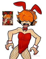 bulge_through_clothing bunny_ears bunnysuit embarrassed felinicanarchy fishnets flustered headphones highres male male_only nervous panty_&_stocking_with_garterbelt pinup playboy_bunny red_hair screenshot screenshot_redraw self_upload small_bulge sweat twink