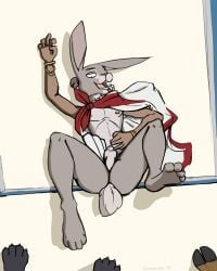 2025 anthro ass aztec barely_visible_character bird's-eye_view bottomwear bracelet chilemeister clothing cottontail_rabbit countershade_face countershade_torso countershading deer digital_media_(artwork) facial_piercing feet felid fur grey_body grey_fur hi_res high-angle_view hooves ihuitl_(chilemeister) jaguar jewelry labret_piercing lagomorph leporid lip_piercing loincloth male mammal mostly_nude mostly_nude_anthro mostly_nude_male necklace on_ground pantherine piercing presenting presenting_hindquarters rabbit scut_tail seductive short_tail slim smile solo_focus tail