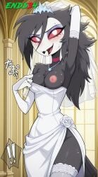 ai_generated armpits breasts dress ends34 female female_only furry_female helluva_boss medium_breasts octavia_(helluva_boss) one_breast_out one_breast_out_of_clothes pink_eyes show_boobs solo stockings wedding_dress