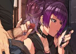 1boy 1girls belt bored candy casual_handjob cellphone censored choker earrings erere female food handjob idolmaster idolmaster_shiny_colors jeans jewelry lollipop multiple_piercings multitasking nail_polish necklace penis phone precum pubic_hair purple_eyes purple_hair purple_nails shirt short_twintails smartphone striped striped_shirt tanaka_mamimi twintails unbuckled_belt