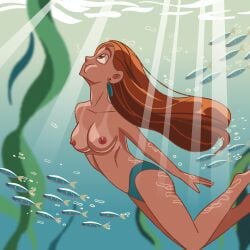 air_bubble barefoot bikini bikini_bottom breasts bubble earrings female freediving from_side holding_breath jewelry long_hair medium_breasts nipples orange_hair smile solo swimming swimsuit topless underwater