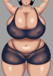 bbw big_breasts breasts breasts_bigger_than_head cleavage curvy enormous_breasts female hands_behind_head overflowing_breasts plump plump_thighs shorts sideboob sports_bra thick_thighs thong tight_clothing wide_hips