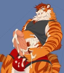 2021 abs anthro arm_tuft balls balls_in_underwear bedroom_eyes bodily_fluids clothed clothing clothing_lift crazybear crotch_tuft cum cum_on_balls cum_on_chest cum_on_hand cum_on_penis cum_on_self cum_on_underwear ear_piercing elbow_tuft fangs felid fur genital_fluids genitals green_eyes hand_on_chest hand_on_penis hi_res humanoid_genitalia humanoid_penis low-angle_view male mammal muscular muscular_male narrowed_eyes navel neck_tuft open_mouth orange_body orange_fur pantherine penis penis_out_of_underwear piercing raised_clothing raised_shirt raised_topwear seductive shirt shirt_lift smile solo stripes tail teeth tiger tongue topwear tuft underwear