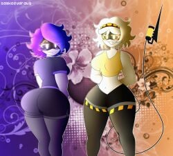 2girls ass ass_focus belly booty booty_focus breasts butt_focus frutiger_metro glitch_productions murder_drones purple_hair robot robot_girl robot_humanoid samkeeydraws samkvevo thicc thicc_thighs thick_ass thick_thighs tight_clothing uzi_(murder_drones) v_(murder_drones) white_hair