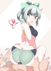 1boy aqua_hair breasts buruma buttjob censored cum cum_on_ass cum_on_body cum_on_stomach ejaculation female grabbing_another's_ass green_ribbons groping hair_ribbon heart kantai_collection looking_back open_mouth penis pointless_censoring ponytail ribbon shigino_sohuzi small_breasts spoken_heart sports_bikini straight track_uniform wide_hips yellow_eyes yuubari_(kancolle)