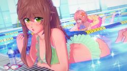 ass auburn_hair bikini bow breasts doki_doki_literature_club flower_in_hair freckles freckles_on_arms freckles_on_face freckles_on_shoulders goggles green_eyes heart_ahoge monika_(doki_doki_literature_club) panicking poolside redesign sayori_(doki_doki_literature_club) swimming_pool water water_bottle white_bow