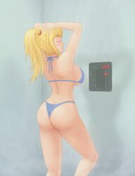 1girls ass ass_cleavage bathing bikini blonde_hair blue_bikini bored breasts butt_crack eyes_closed female female_only huge_ass huge_breasts in_shower metroid nintendo only_female ponytail saf-404 safartwoks safartworks samus_aran shower side_view solo switch thong washing washing_hair