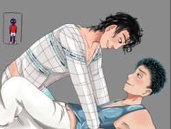 awkward blank_background clothed curly_hair date_everything flustered jean_loo_pissoir johnny_splash mlm red_shirt ship