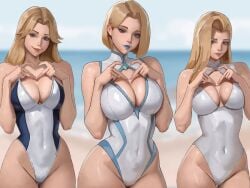 3girls akinoshi beach blonde_female blonde_hair blue_lips blue_trim breasts cleavage cloak_and_dagger color_connection covered_navel curvy_female curvy_figure dagger_(marvel) dagger_(marvel_rivals) emma_frost emma_frost_(marvel_rivals) fantastic_four hair_color_connection heart heart_hands highleg highleg_one-piece_swimsuit hips invisible_woman invisible_woman_(marvel_rivals) large_breasts light-skinned_female light_skin long_hair marvel marvel_comics marvel_rivals mature_female medium_hair milf multiple_girls mutant_(marvel) ocean one-piece_swimsuit short_hair smile sue_storm superheroine swimsuit tandy_bowen thighs trait_connection white_one-piece_swimsuit white_queen wide_hips x-men