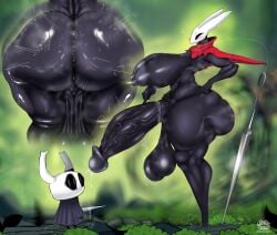 1futa ass ass_bigger_than_head ass_view balls black_body blush cueilhu_sensei futanari hollow_knight hornet_(hollow_knight) huge_breasts huge_cock penis precum protagonist_(hollow_knight) tagme